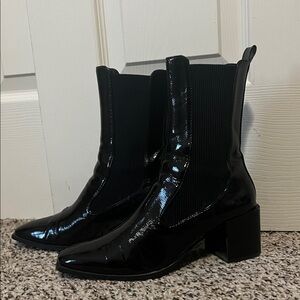Zara Black Patent Chelsea Ankle Boots with Block Heel